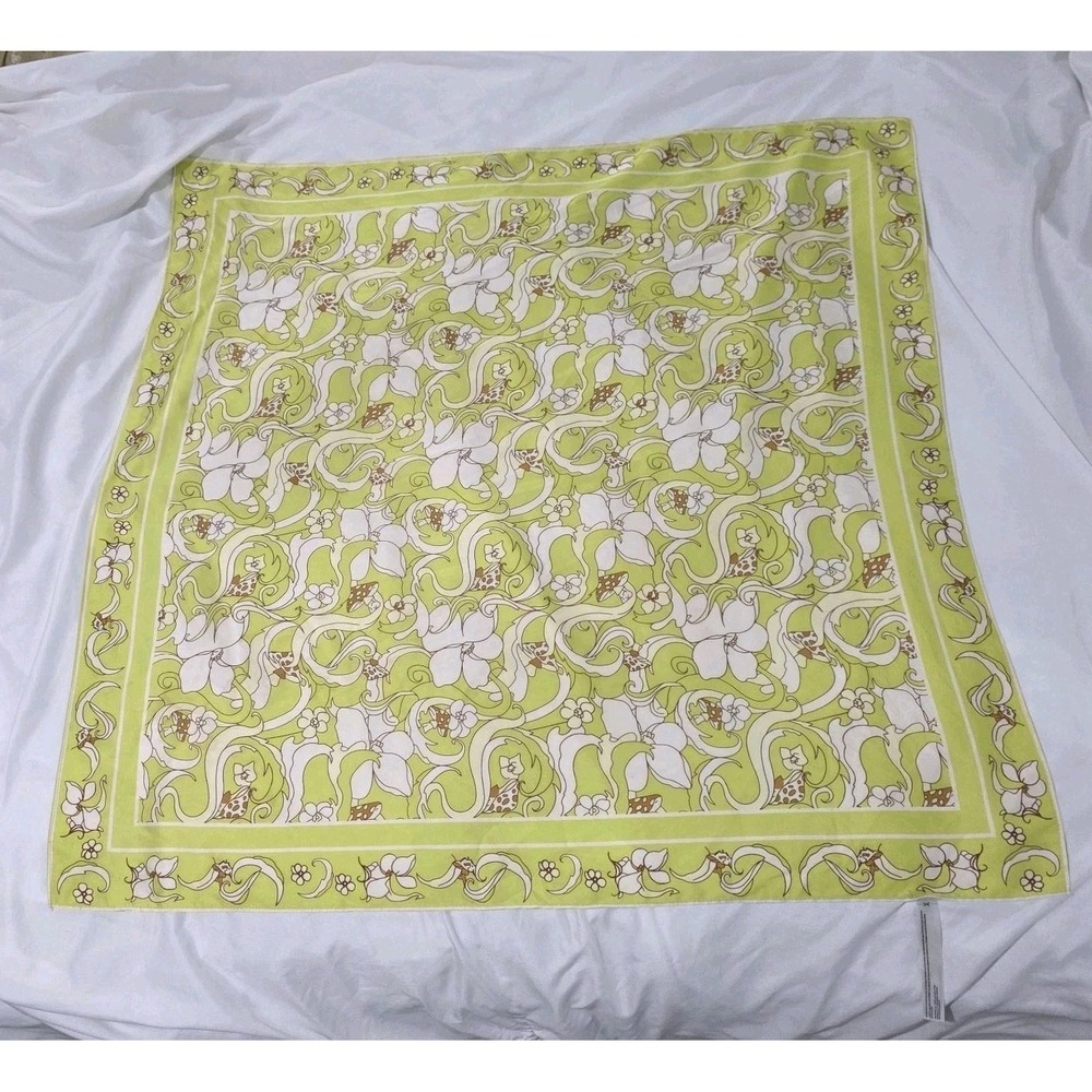 Square Satin Scarf Floral Mushrooms Cottage Fairy Green Hippie Retro
